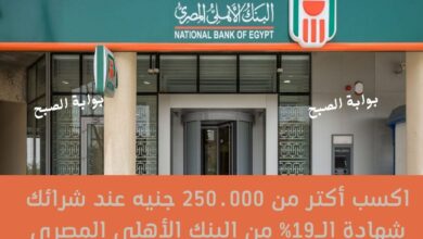 اكسب أكتر من 250.000 جنيه عند شرائك شهادة الـ19% من البنك الأهلي المصري