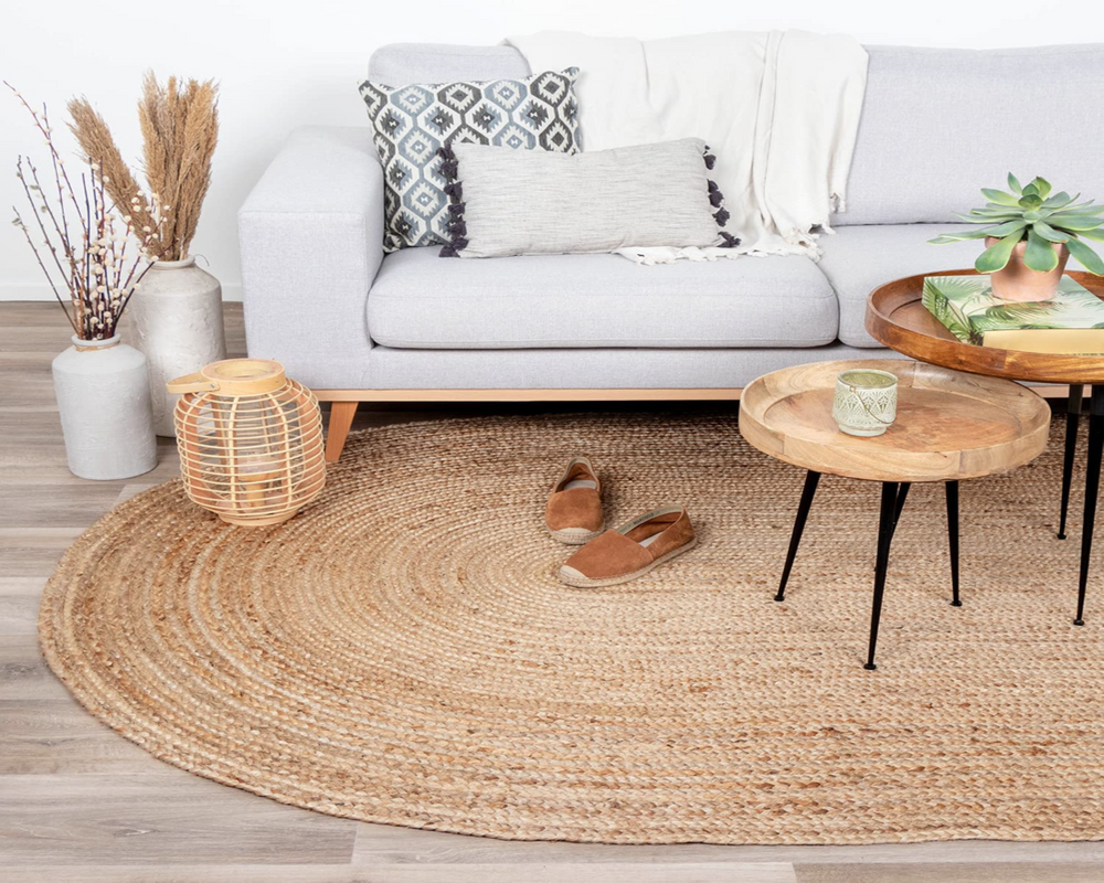 FRAAI Jute Oval Rug Fair Natural 100 x 152 cm Flat Weave Plain Boho Rural and Modern Living Room Dining Room Bedroom Carpet