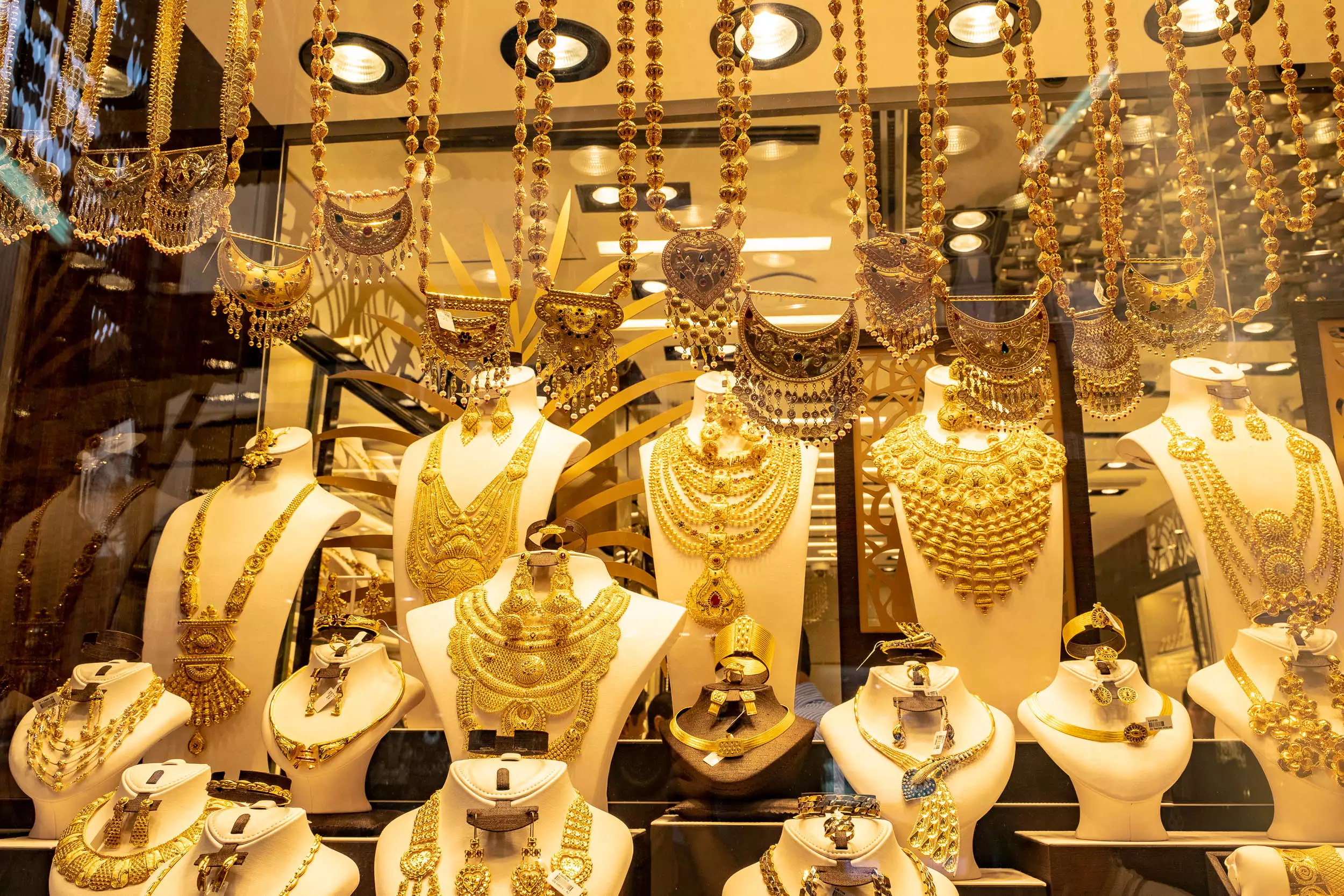 you can see the influence of the customer base on the style of the elaborate jewelry on display these pieces cater to indian customers badran said