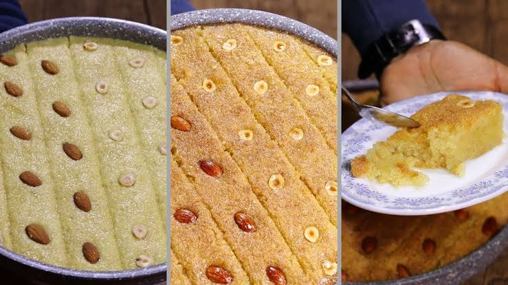 بدون سمن أو زيت.. سر بسبوسة الحلواني بترميلتها ولونها الذهبي في 30 دقيقة فقط !!