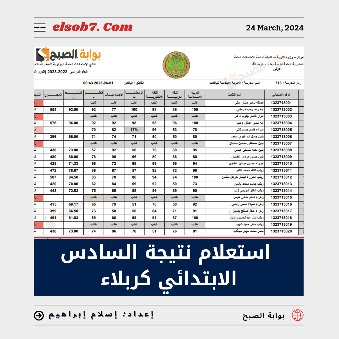 استعلام نتيجة السادس الابتدائي كربلاء 2024