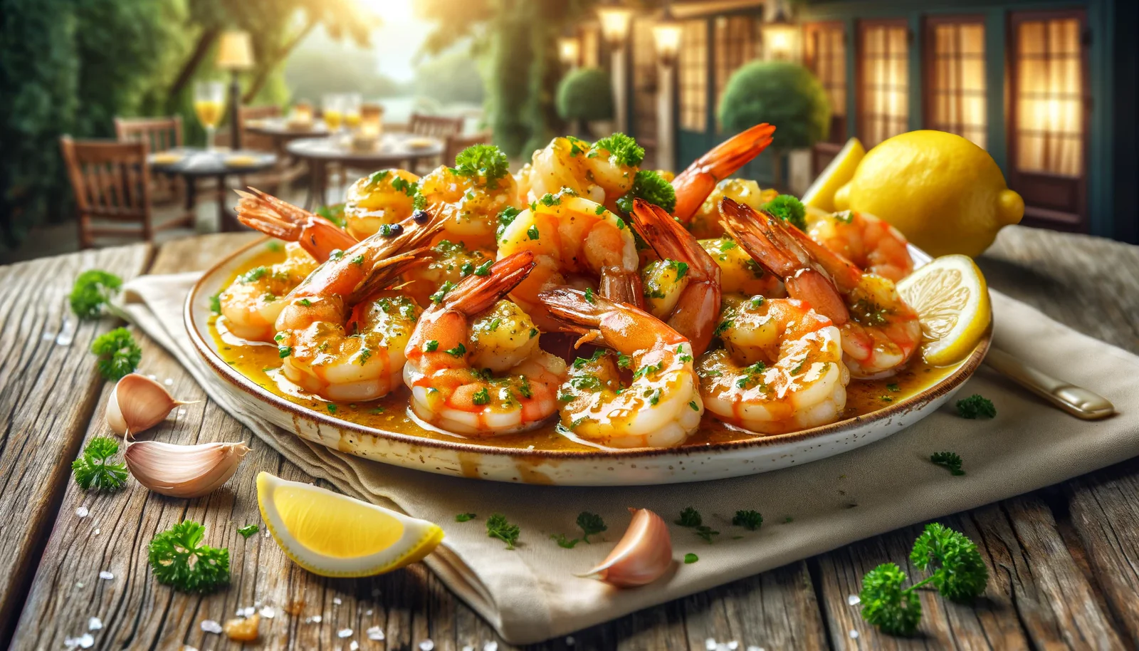 plate of garlic buttery shrimp beautifully presented with a rich garlic butter sauce and fresh garnishes
