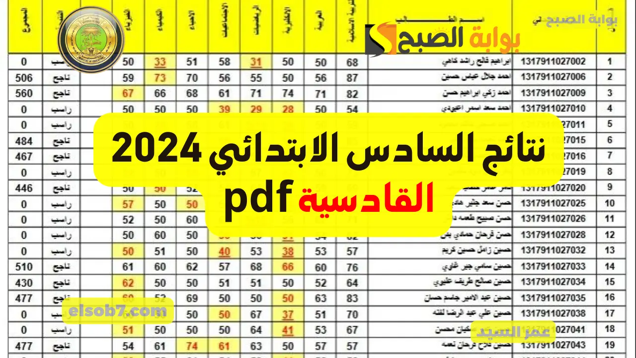 نتائج السادس الابتدائي 2024 القادسية pdf