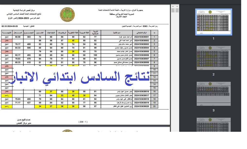 نتائج السادس الابتدائي الانبار 2024 دور اول