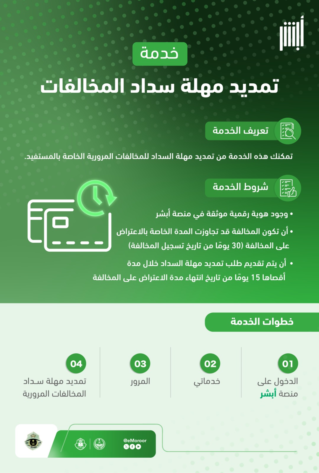 اتاح المرور السعودى خدمة تمديد مهلة سداد المخالفات المرورية عبر منصة أبشر الإلكترونية