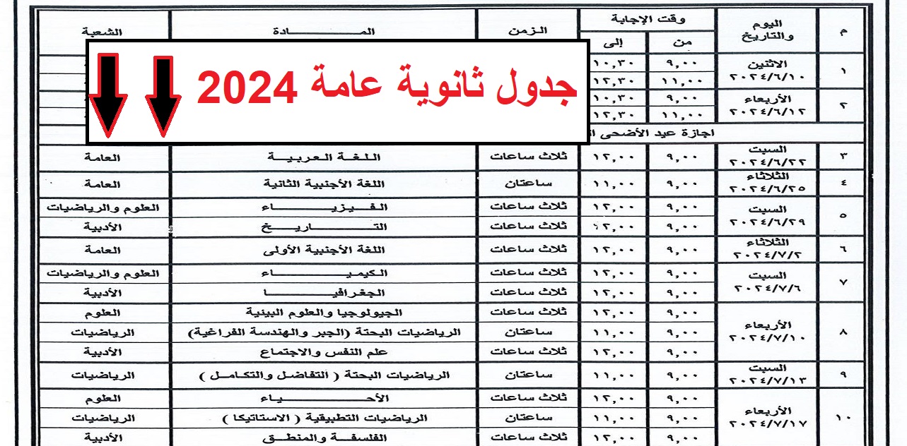 جدول امتحانات ثانوية عامة 2024 في مصر وموعد المادة القادمة