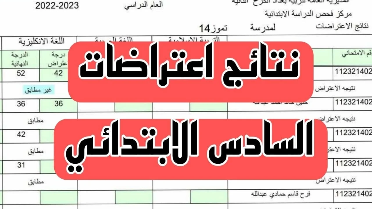 نتائج الاعتراضات السادس ابتدائي