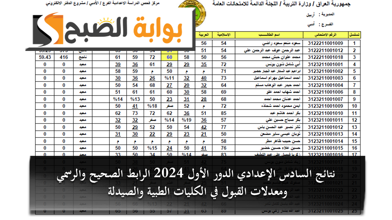 نتائج السادس الإعدادي الدور الأول 2024 الرابط الصحيح والرسمي ومعدلات القبول في الكليات الطبية والصيدلة