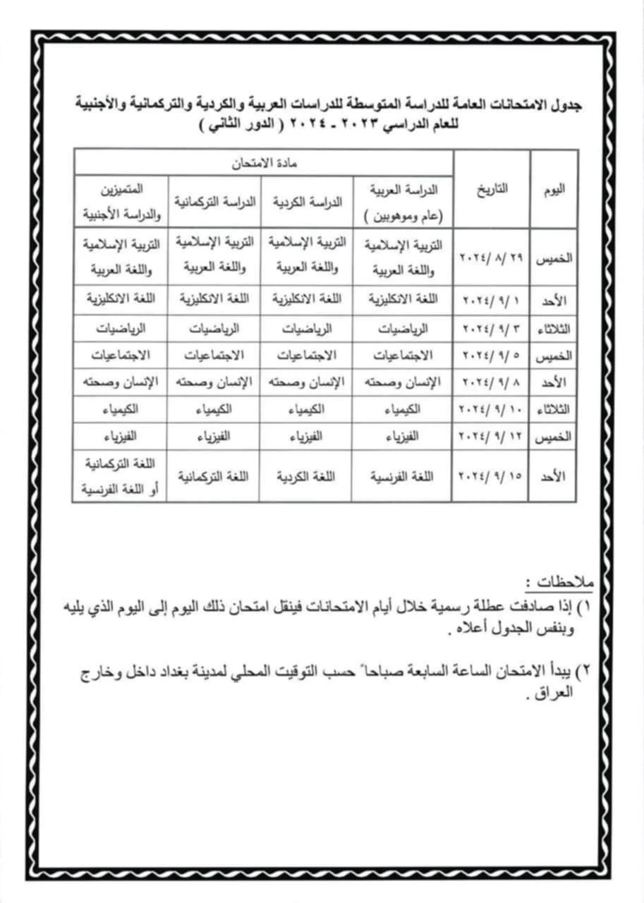 ما هو موعد امتحانات الدور الثاني في العراق 2024