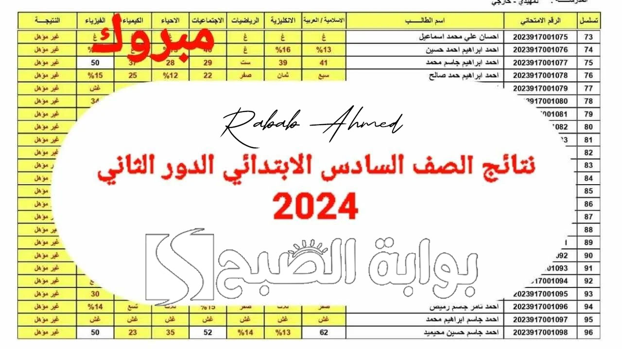 نتائج السادس الابتدائي الدور الثاني