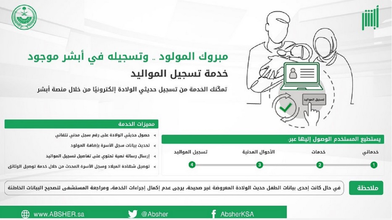 كيفية استخرج تبليغ ولادة لطفل من خلال منصة أبشر والأحوال المدنية 1446