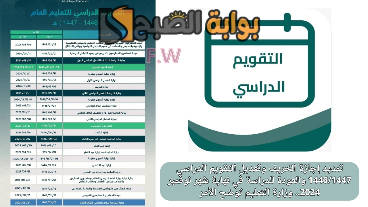 تمديد إجازة الخريف وتعديل التقويم الدراسي 1446/1447 والعودة للدراسة في نهاية شهر نوفمبر 2024.. وزارة التعليم توضح الأمر