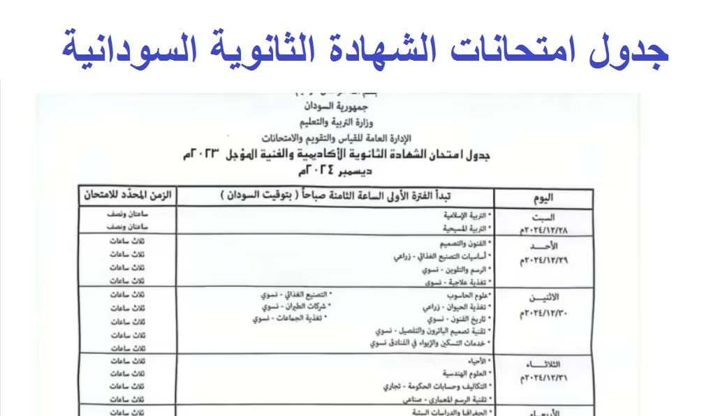 جدول امتحانات الشهادة الثانوية السودانية 2024/2025 بعد الاعلان من وزارة التربية والتعليم