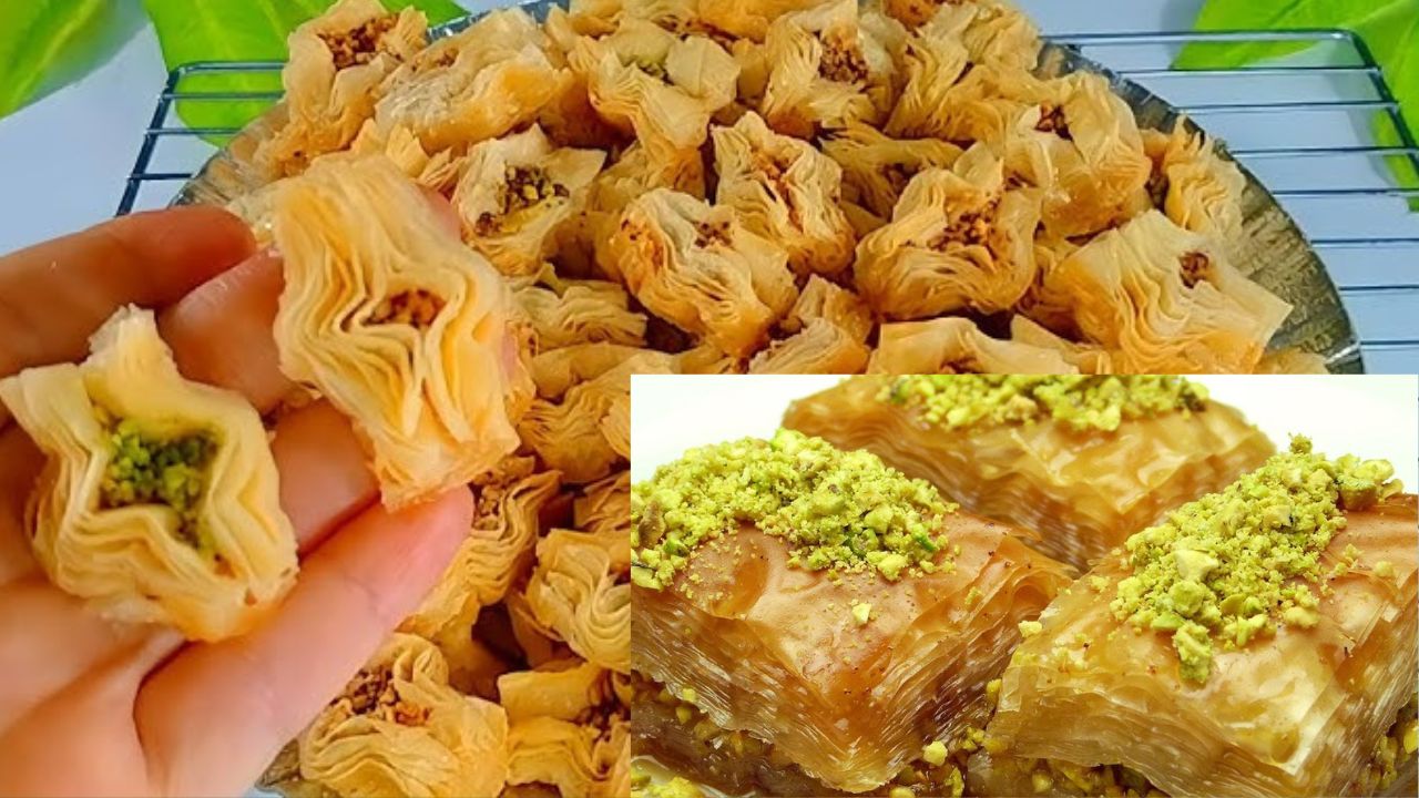 البقلاوة الذهبية الهشة بالشربات الشهية
