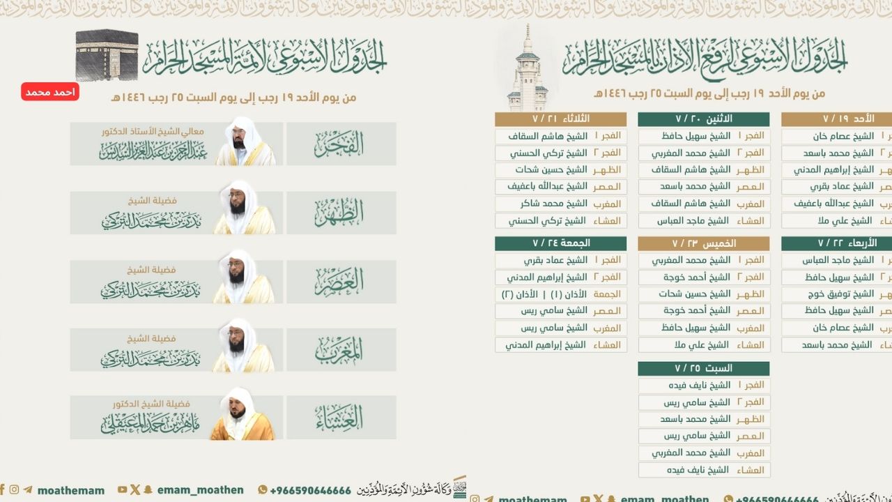 جدول أئمة الحرم المكي والمؤذنين من 19 إلى 25 رجب 1446ه