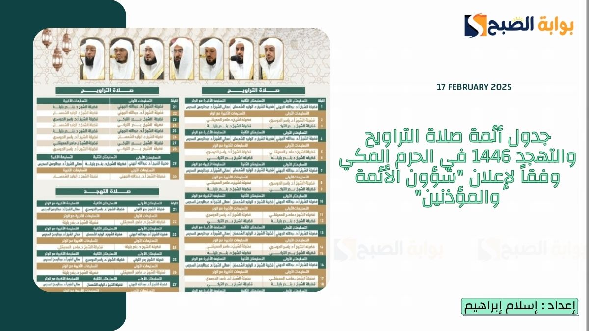 جدول أئمة صلاة التراويح والتهجد 1446 في الحرم المكي