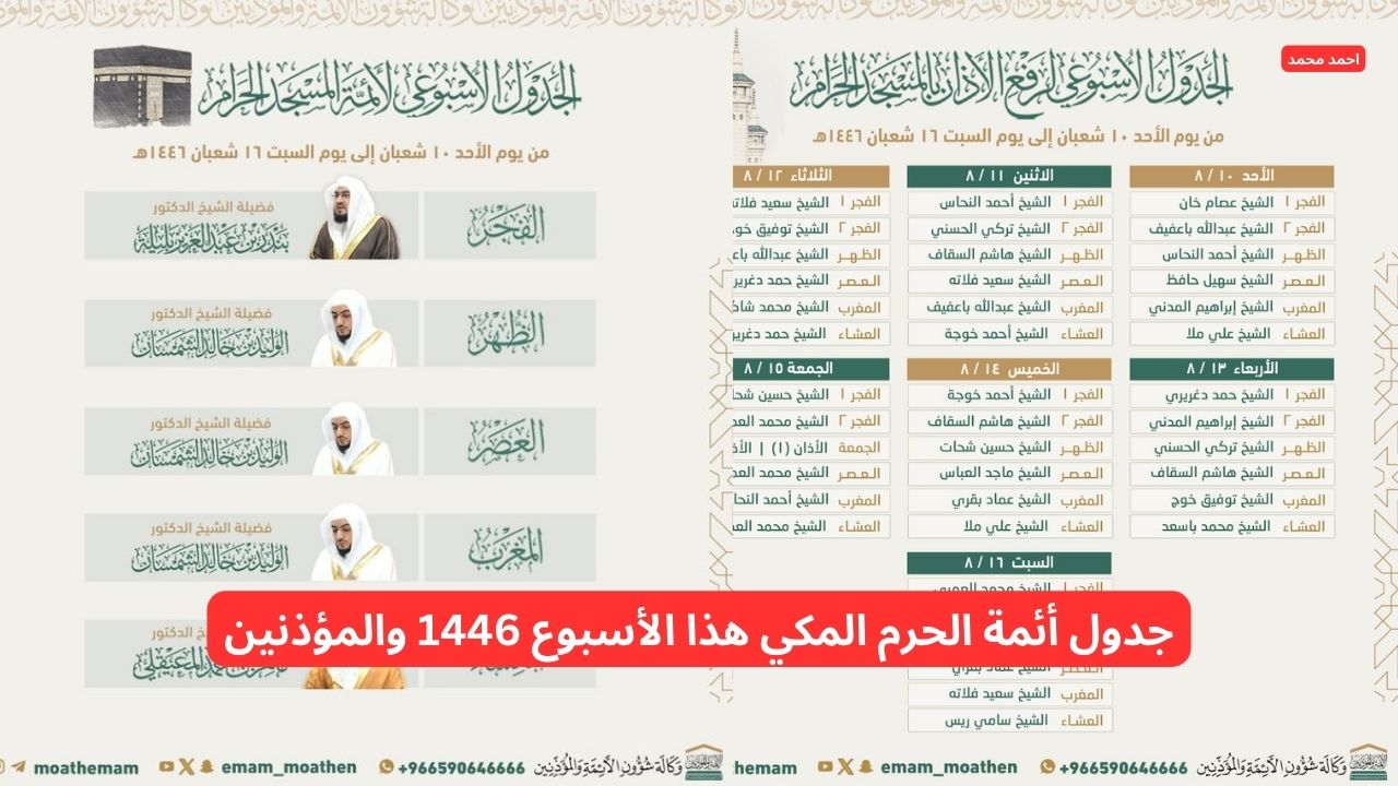 جدول أئمة الحرم المكي هذا الأسبوع 1446 و المؤذنين
