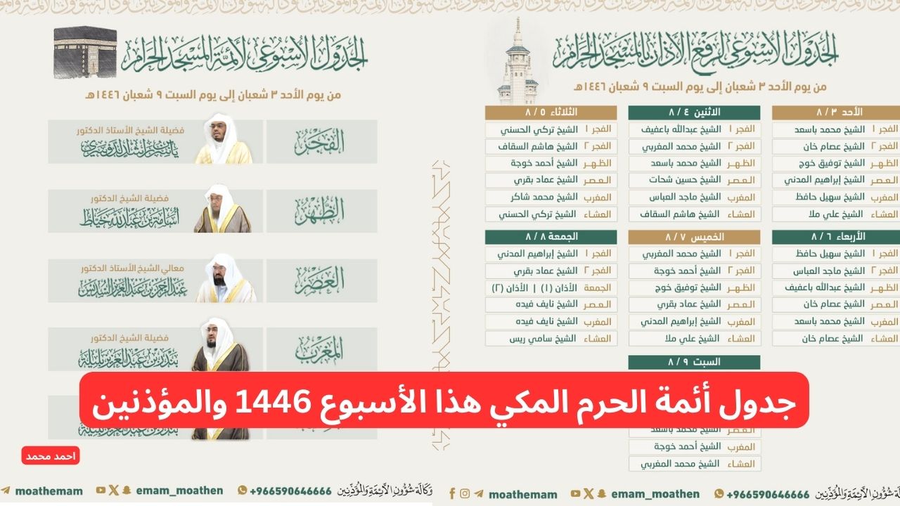 جدول أئمة الحرم المكي هذا الأسبوع 1446 والمؤذنين