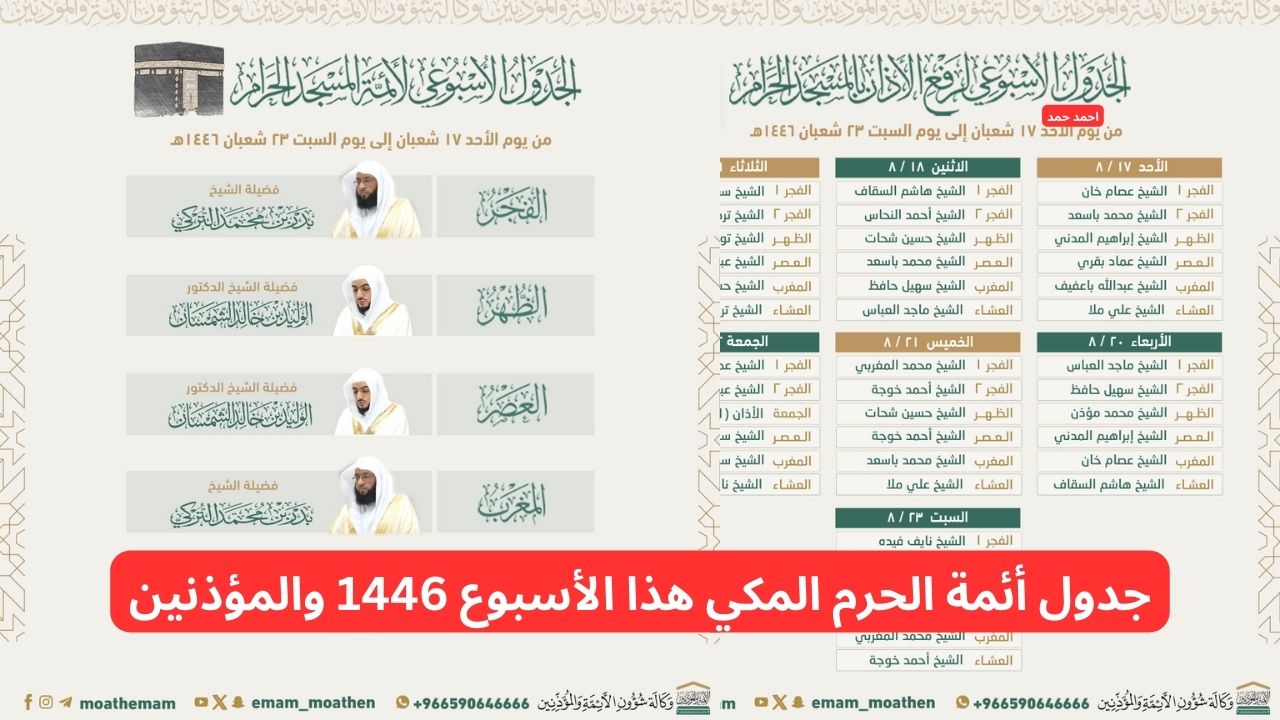 جدول أئمة الحرم المكي هذا الأسبوع 1446 والمؤذنين
