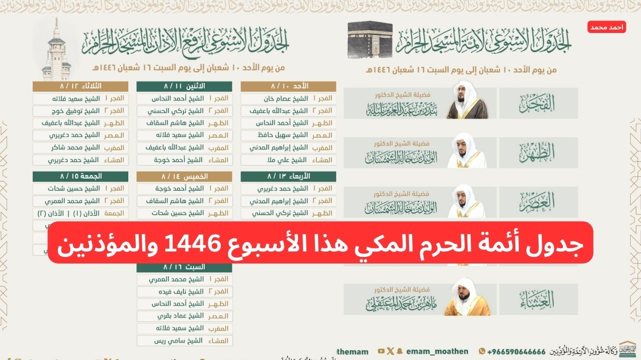 ما جدول أئمة الحرم المكي هذا الأسبوع 1446 والمؤذنين